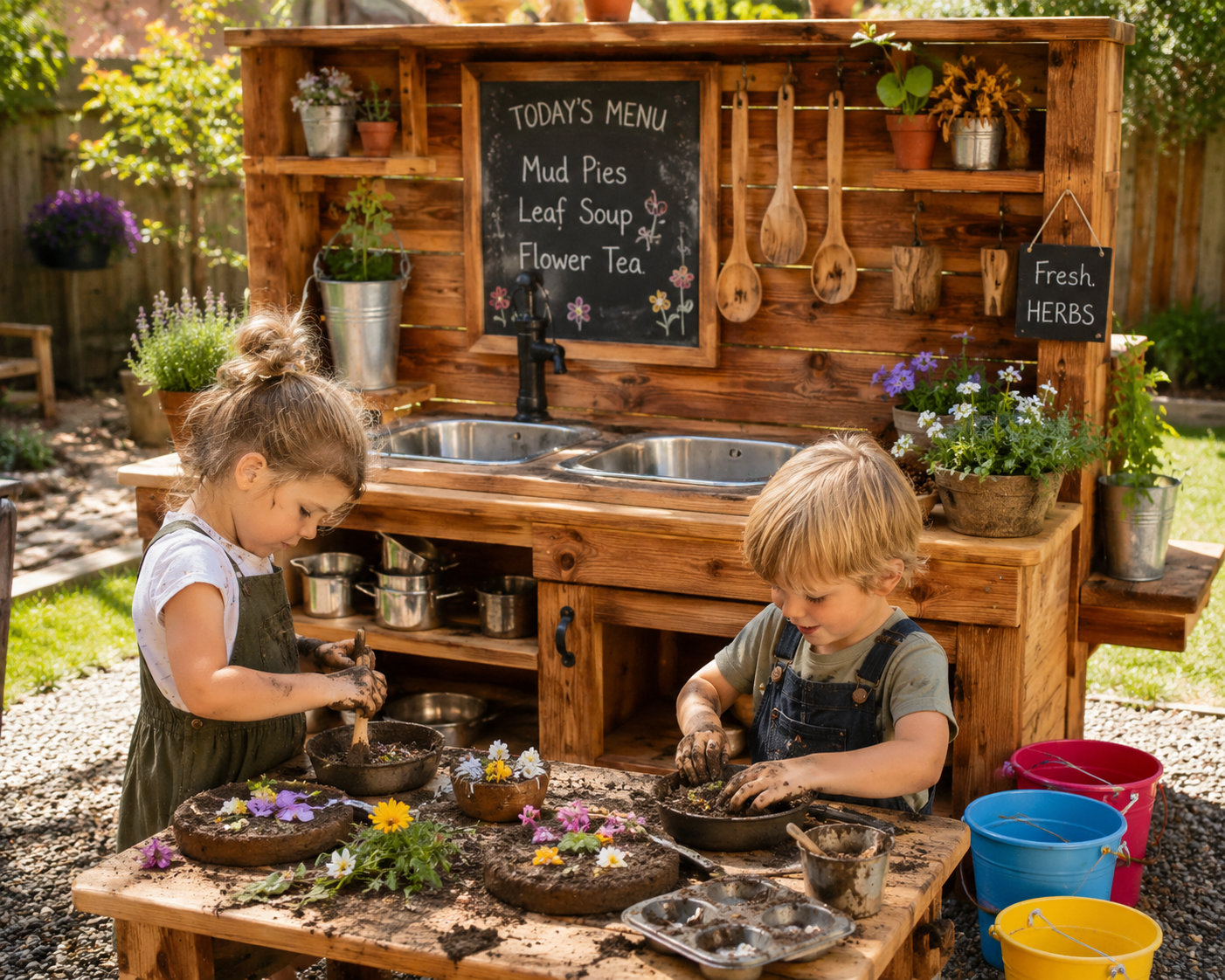 Outdoor mud kitchen fun in the sun