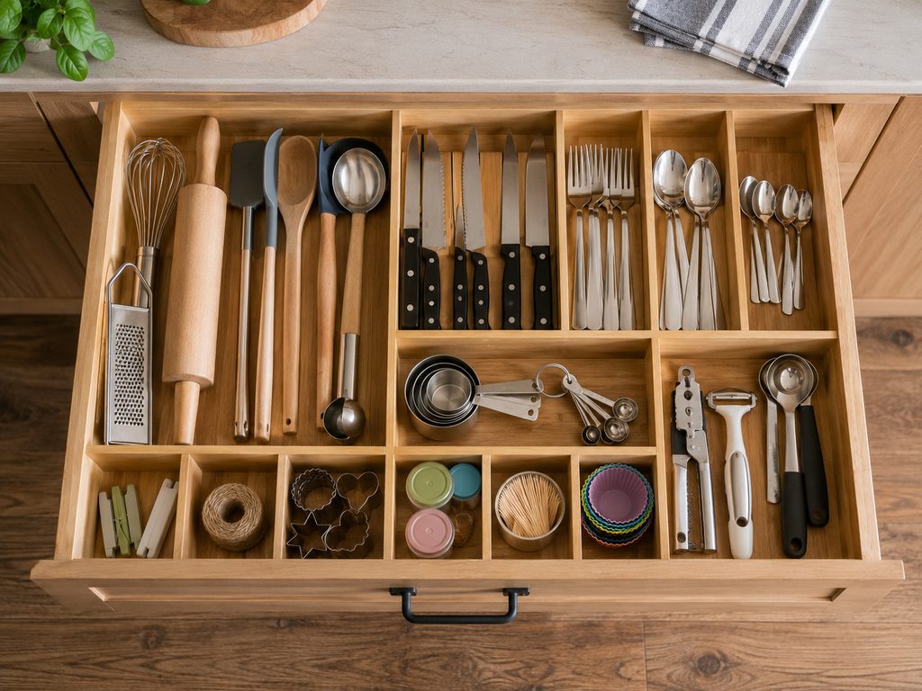 Adjustable drawer dividers organizing kitchen utensils