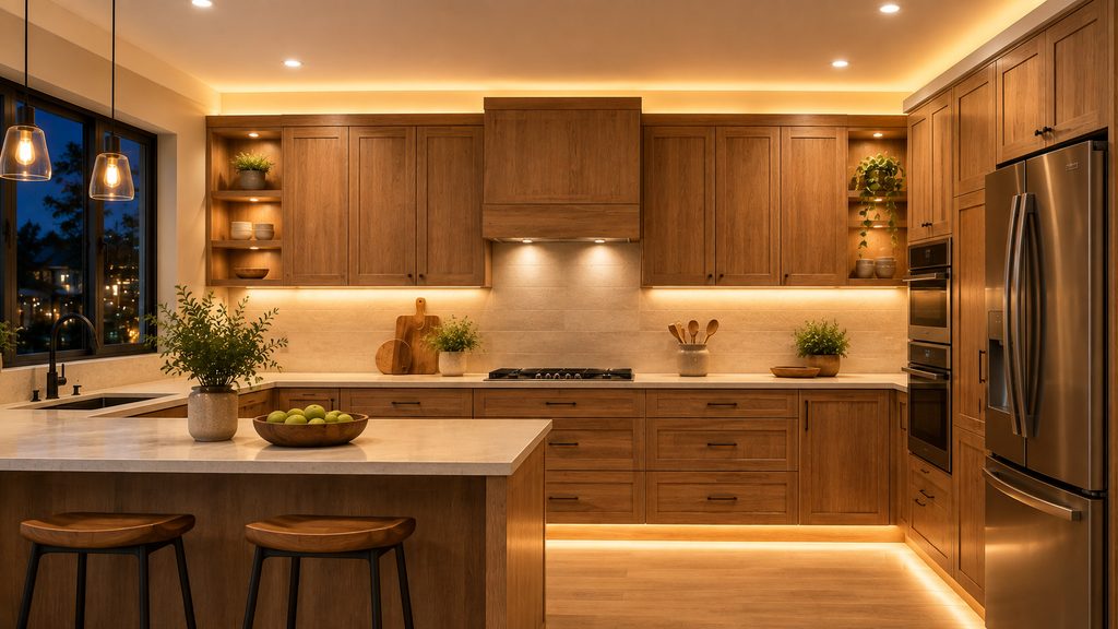 Ambient LED lighting installed above wooden kitchen cabinets