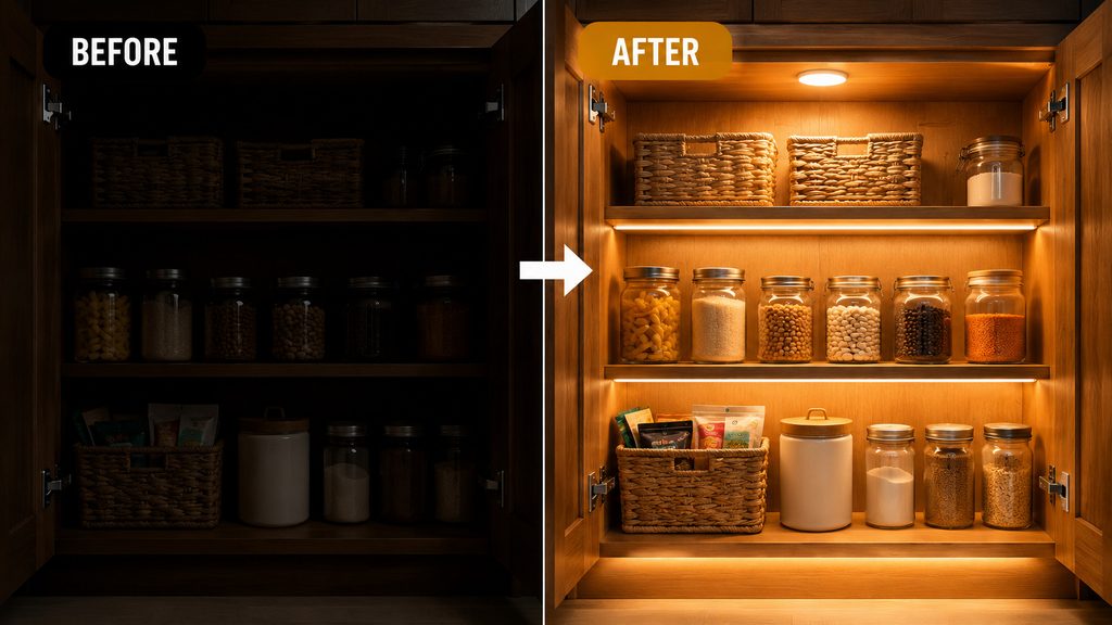 Pantry cabinet before and after installing motion sensor lighting