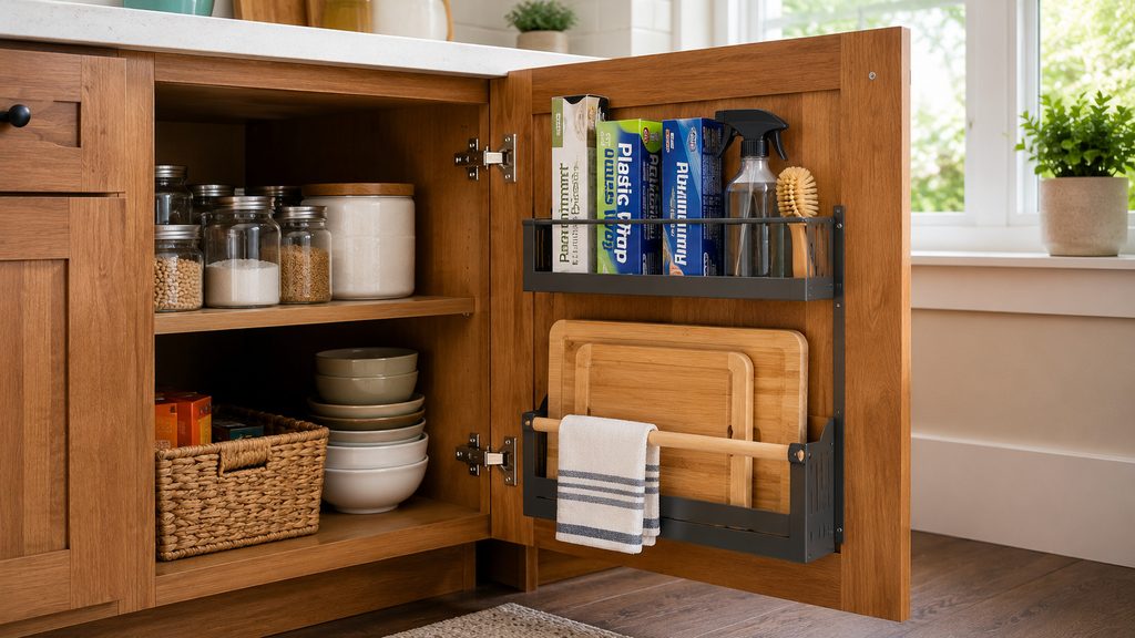 Door-mounted kitchen cabinet organizer for cutting boards and supplies
