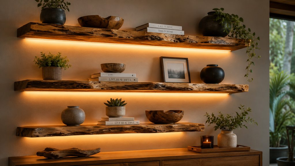 Floating wooden shelves with hidden warm LED strip lighting