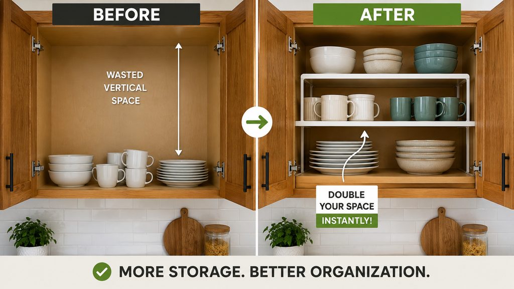 Kitchen cabinet shelf risers creating additional storage space