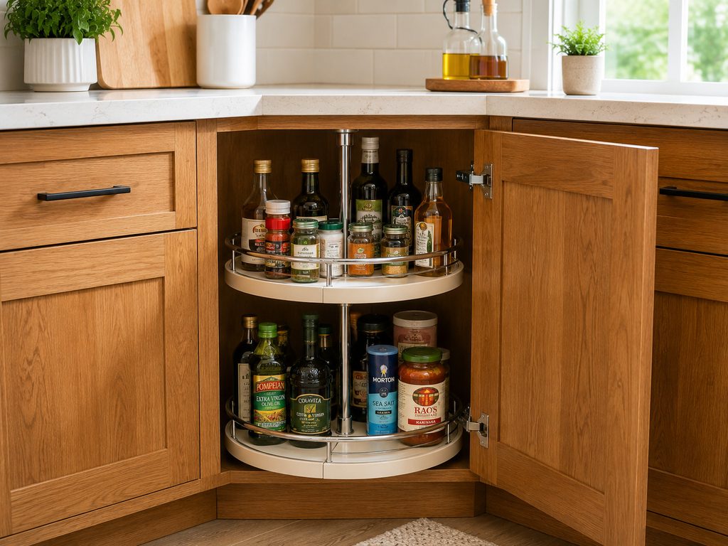 Lazy Susan organizer maximizing corner kitchen cabinet storage