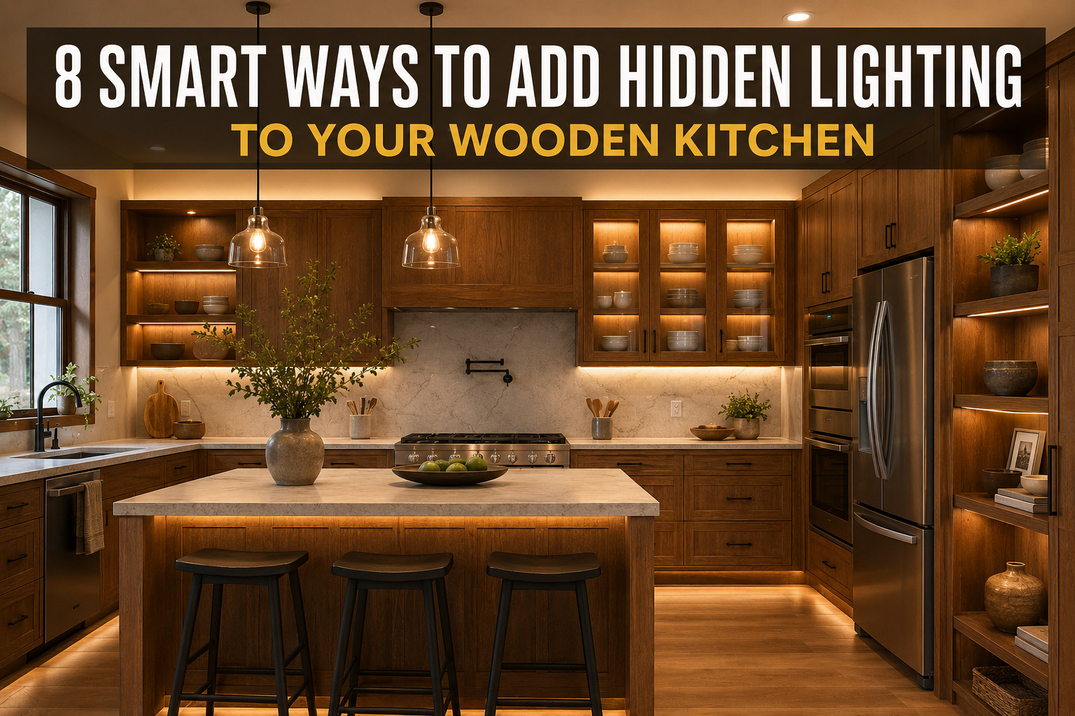 Modern wooden kitchen with warm hidden LED lighting under cabinets and shelves