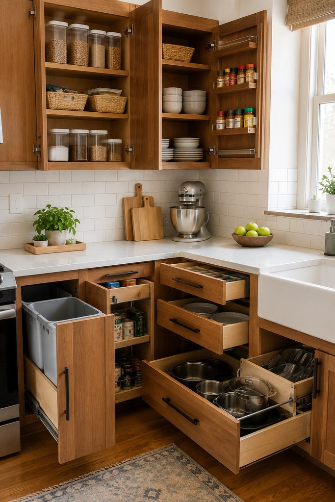Organized small kitchen with clever cabinet storage solutions