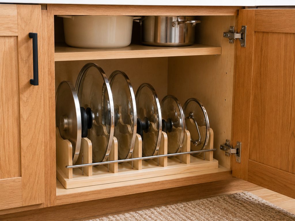 Pot lid organizer storing lids vertically inside a kitchen cabinet