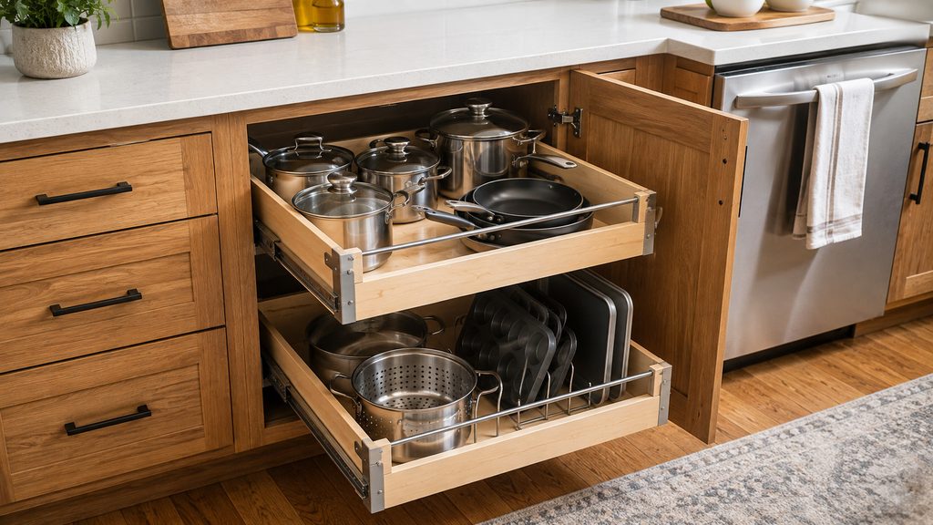 Pull-out organizer installed inside a wooden kitchen cabinet
