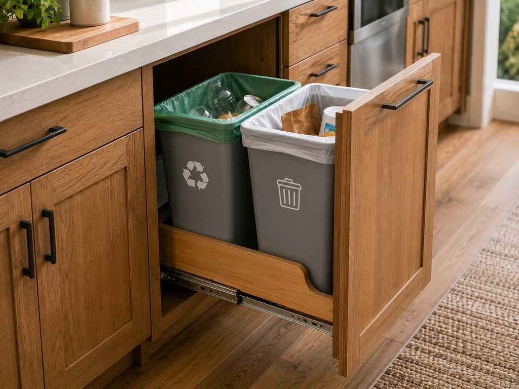 Pull-out trash and recycling bins hidden inside a kitchen cabinet