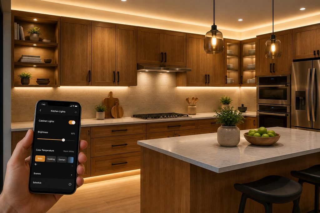 Smart hidden cabinet lighting controlled using a smartphone