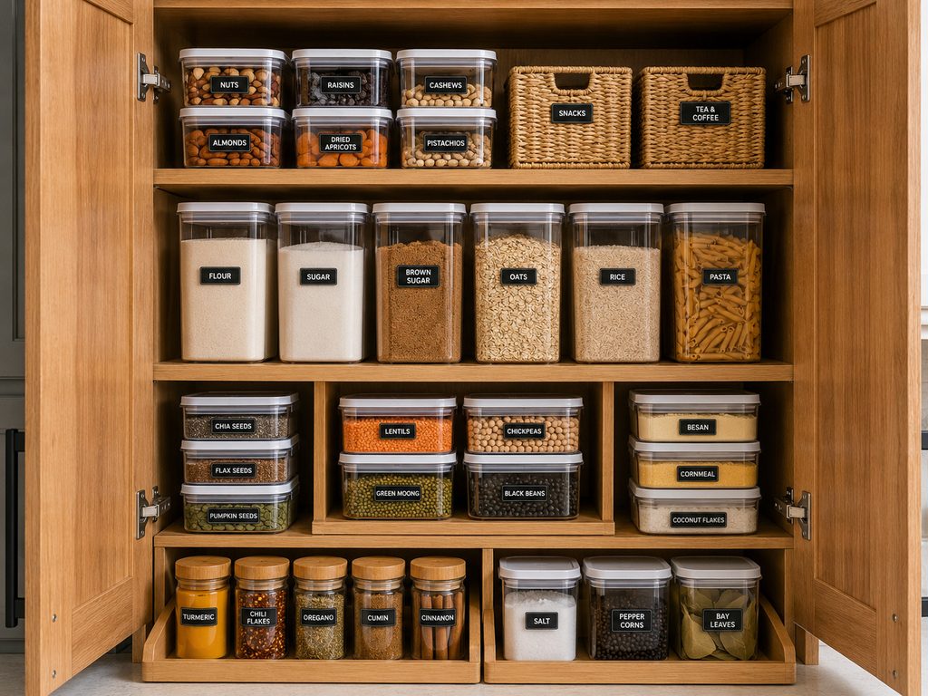 Stackable pantry containers organizing dry food inside a kitchen cabinet