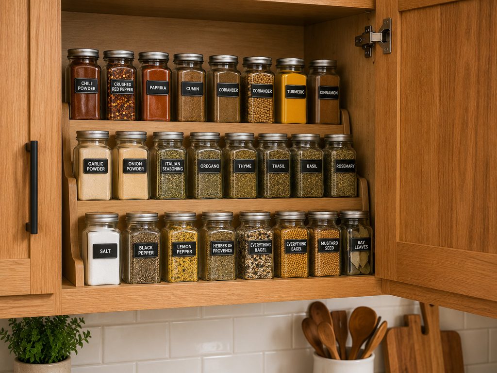 Tiered spice rack organizing spice jars inside a wooden cabinet
