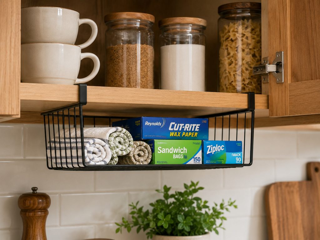 Under-shelf basket adding extra storage inside a kitchen cabinet