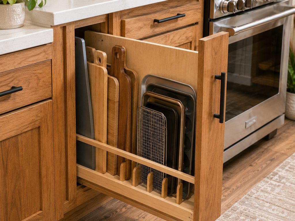 Vertical cabinet organizer storing cutting boards and baking trays