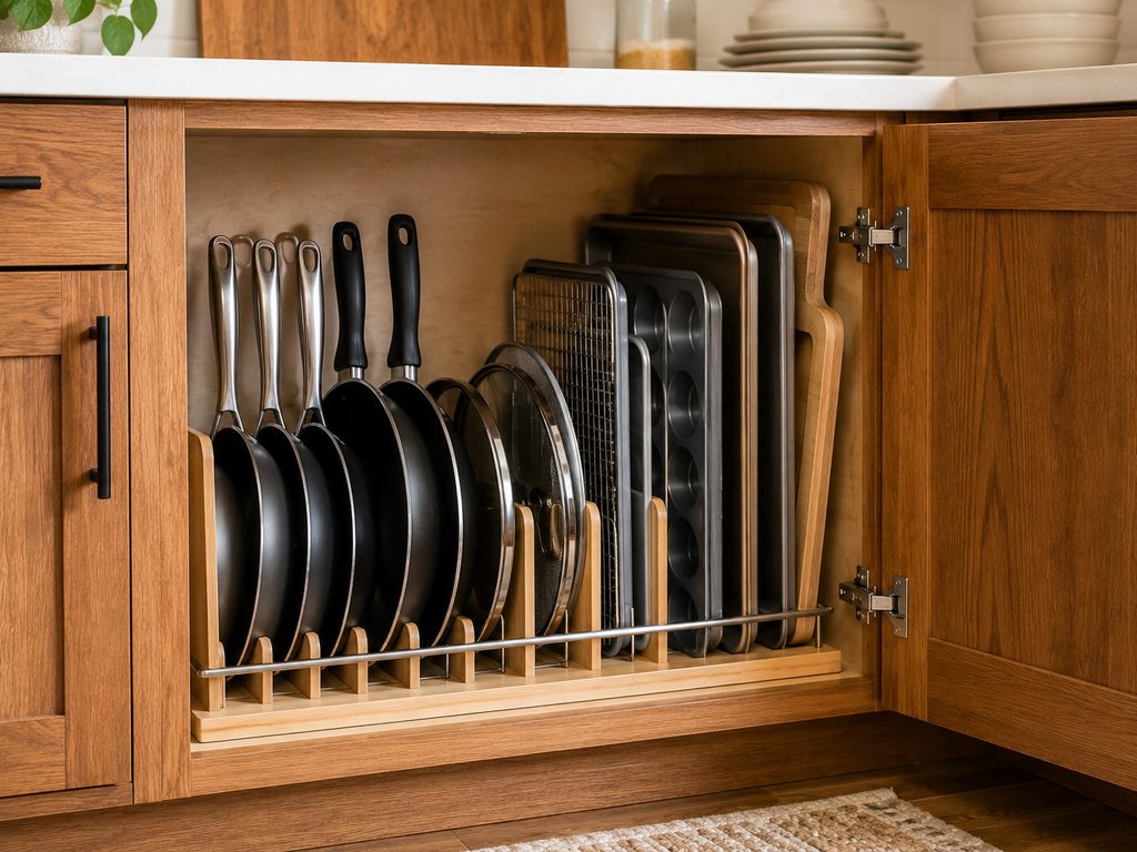 Vertical pan organizer inside a kitchen cabinet
