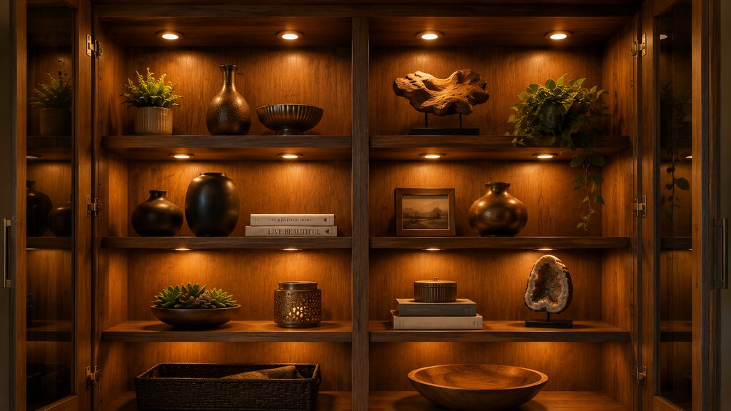 Warm LED puck lights illuminating wooden display shelves