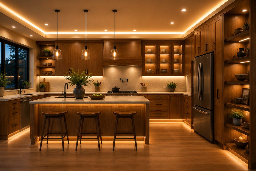 Wooden kitchen combining under-cabinet, display and ambient lighting