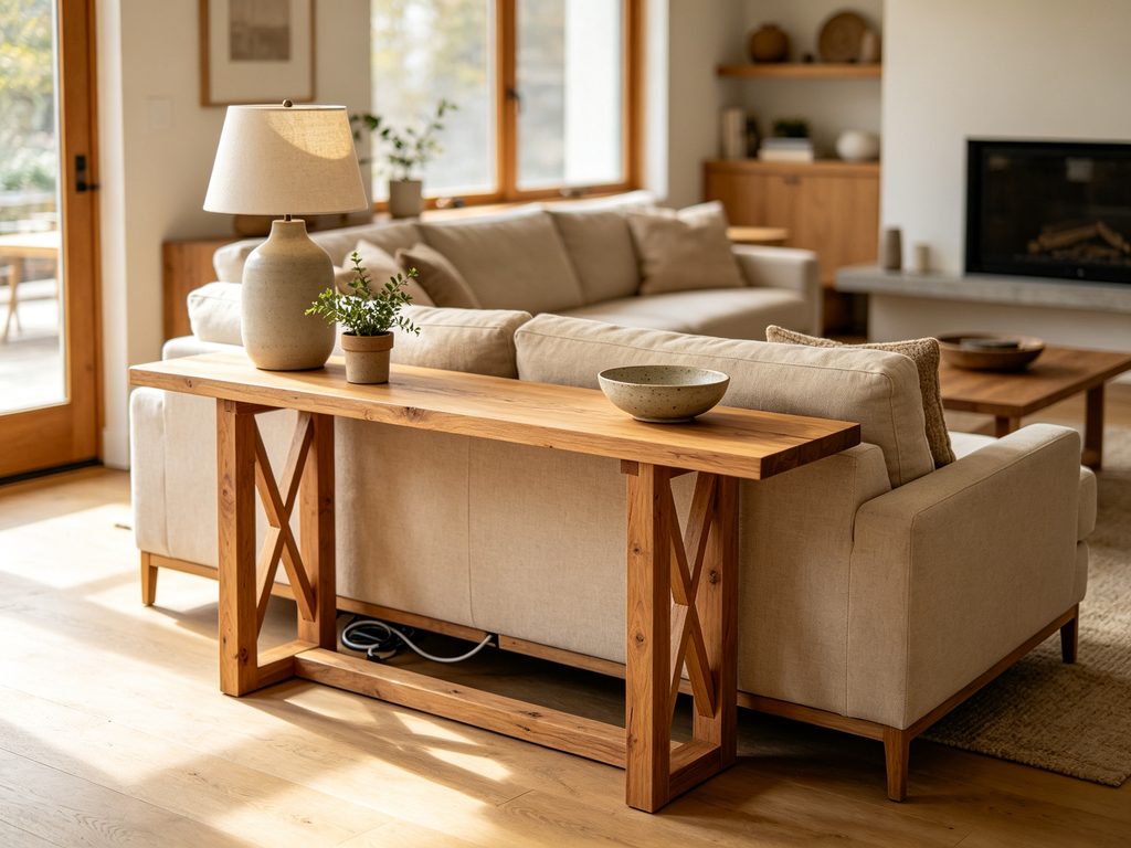 Slim DIY wooden console table behind a sofa