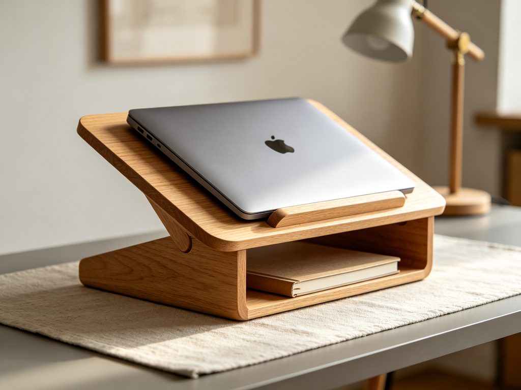 Minimal handmade wooden laptop stand on home office desk