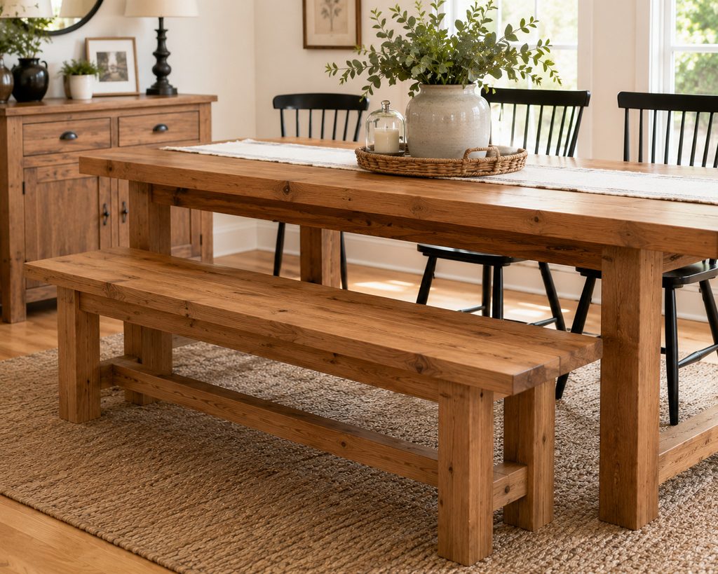 Handmade farmhouse wooden dining bench in bright dining room