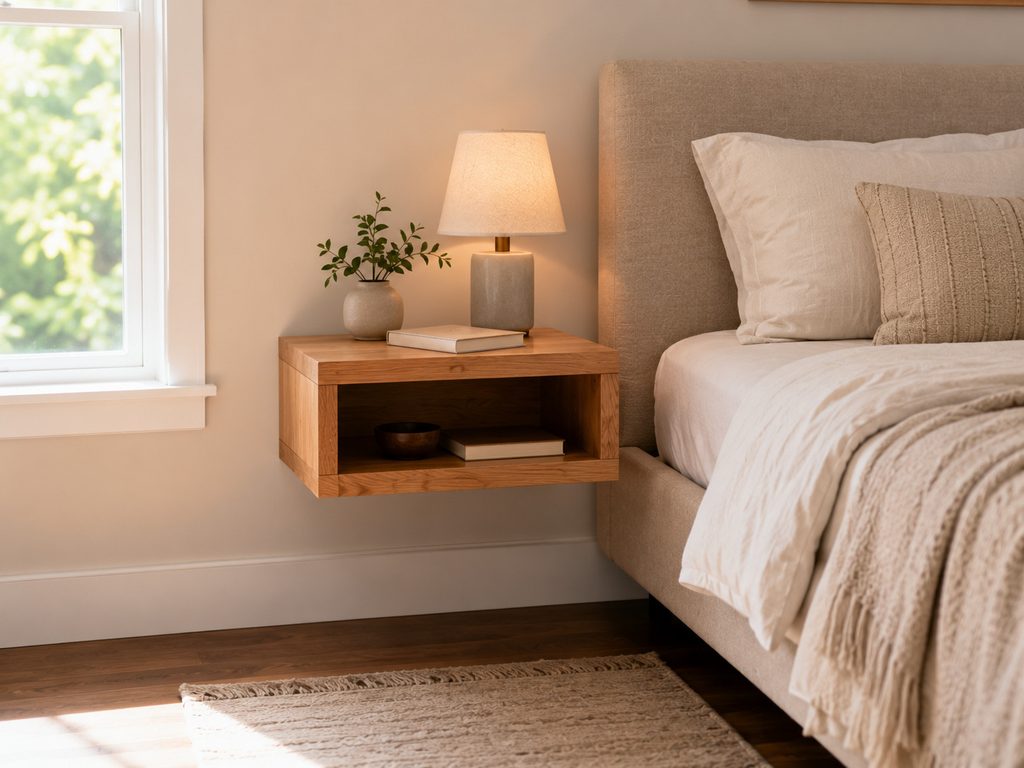 DIY floating wooden nightstand beside a modern bed
