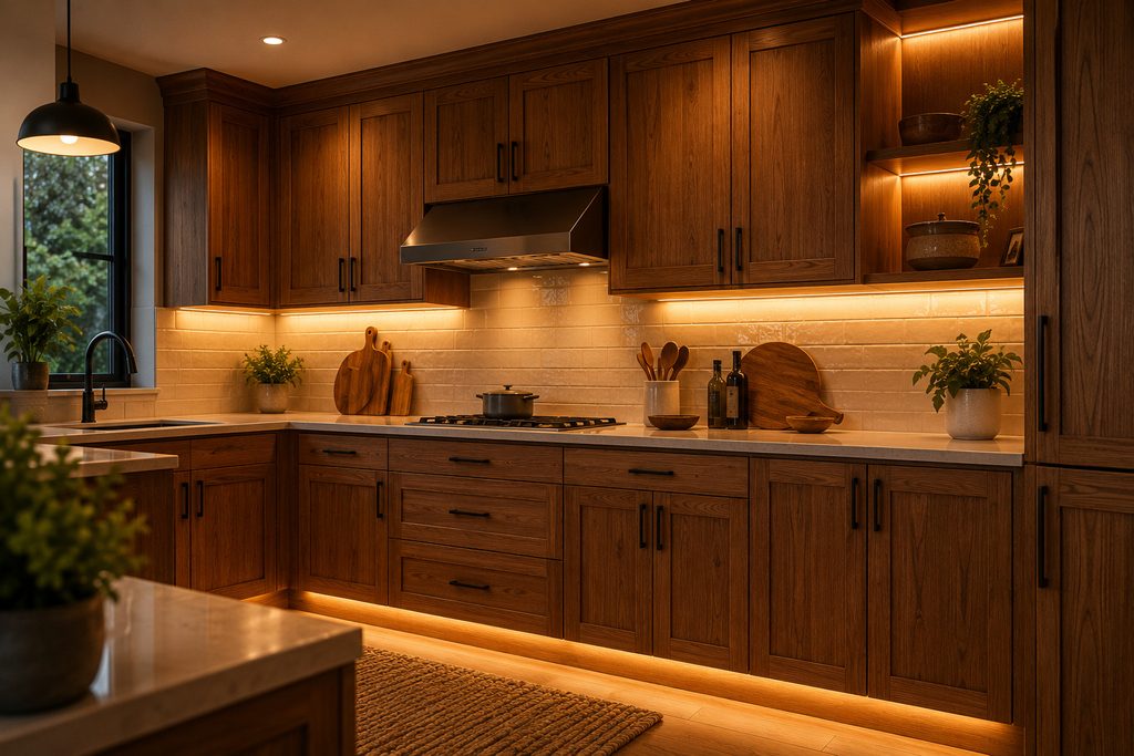 Warm hidden LED lighting installed beneath wooden kitchen cabinets