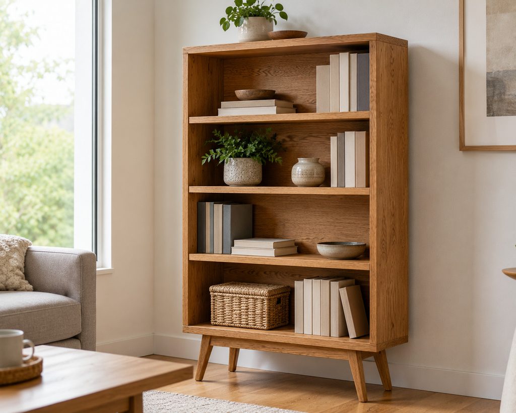 Modern handmade wooden bookshelf with angled legs