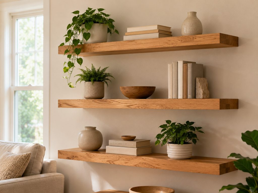 Modern DIY floating wooden shelves on a neutral wall