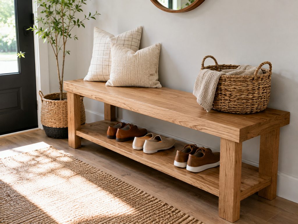 Modern DIY wooden entryway bench with shoe storage shelf