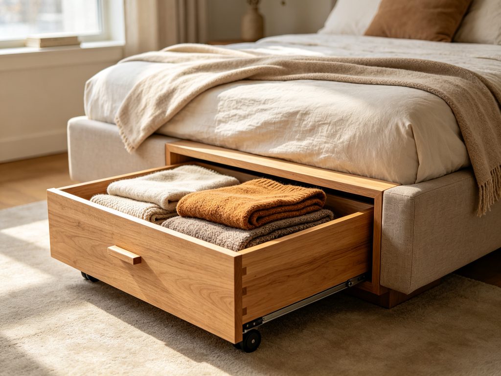 DIY rolling wooden storage drawer underneath a bed