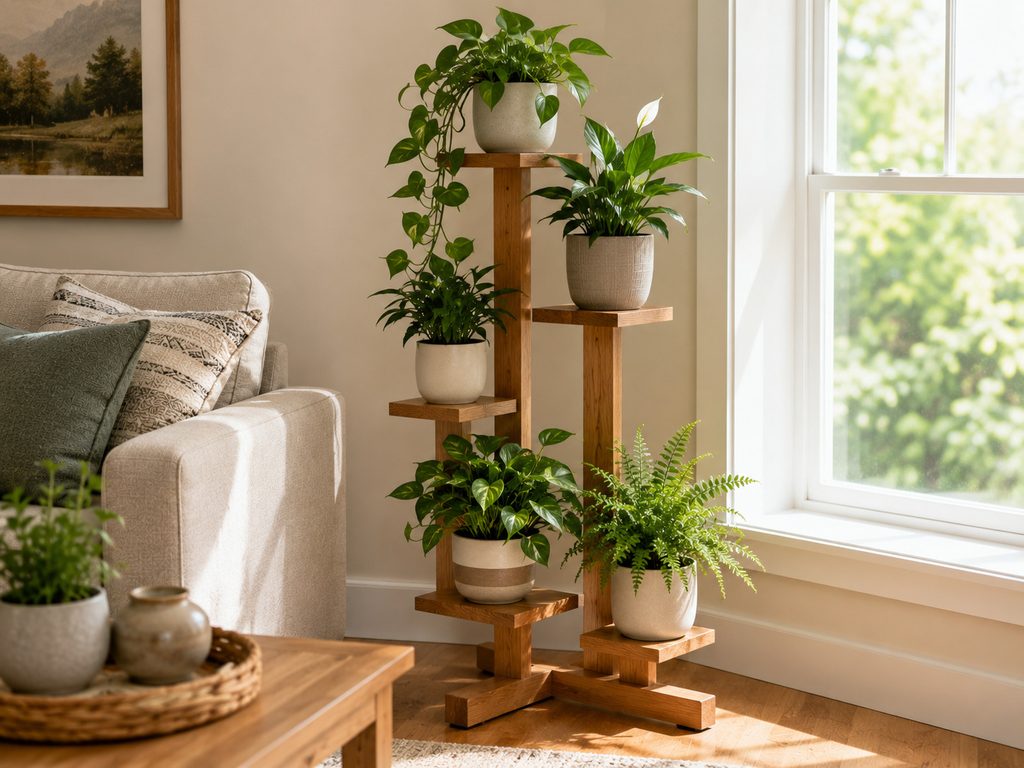 DIY vertical wooden plant stand with indoor plants