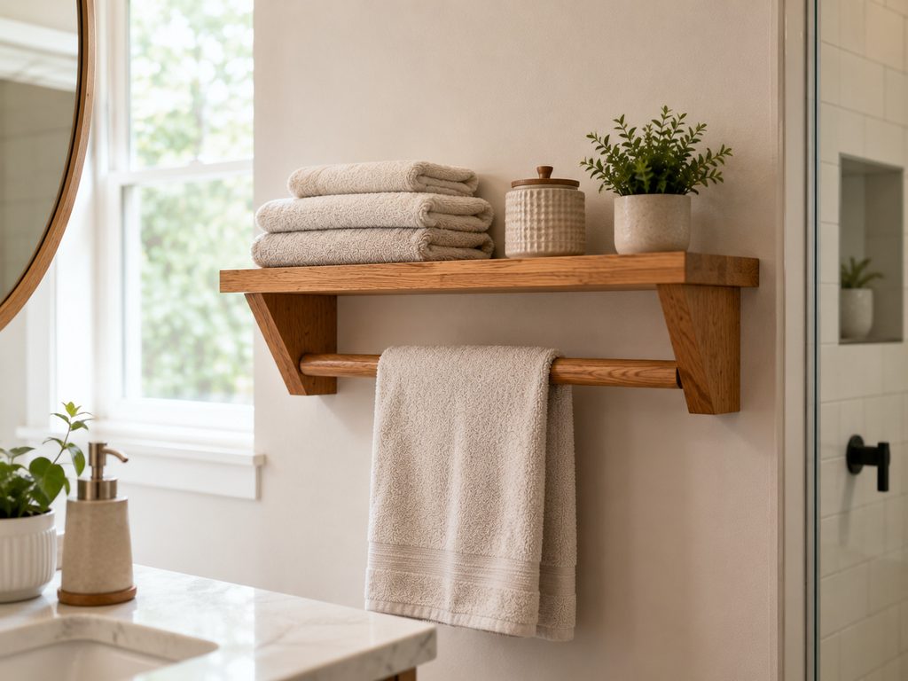 DIY wooden bathroom shelf with towel rack