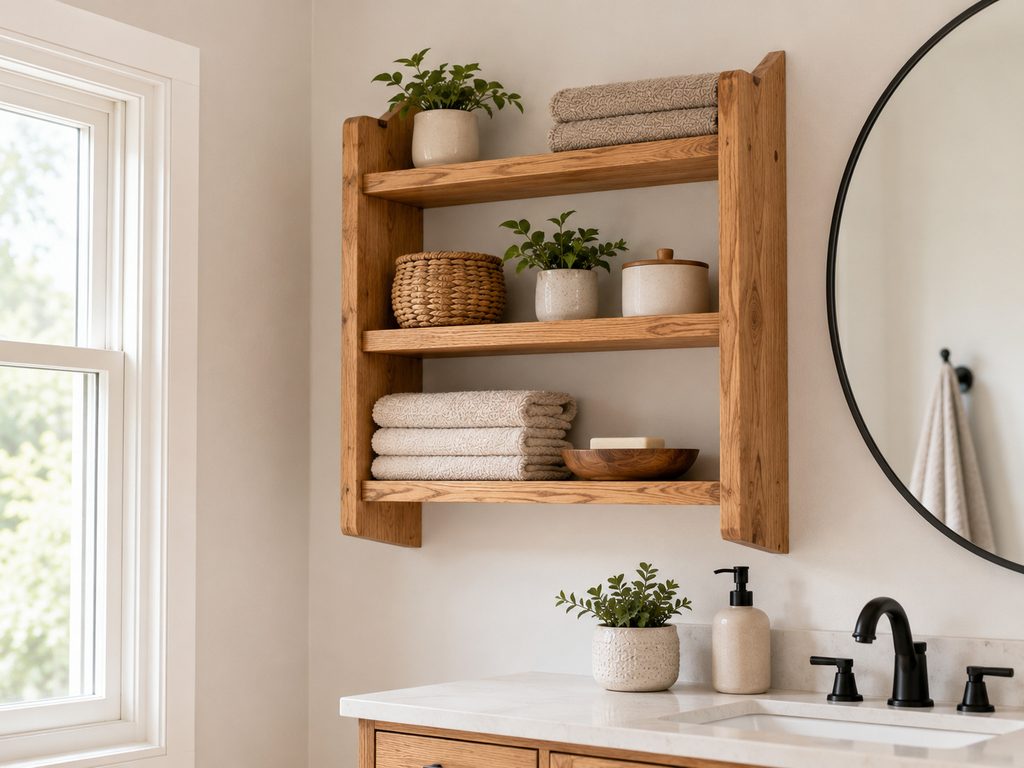 DIY natural wood bathroom storage shelf