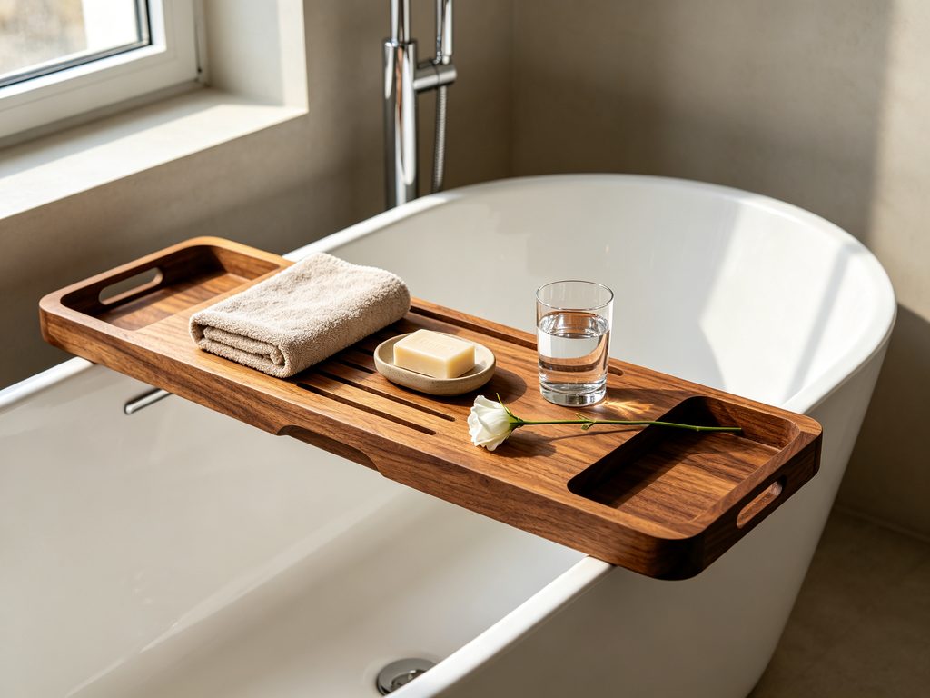 Handmade wooden bathtub tray across white bathtub