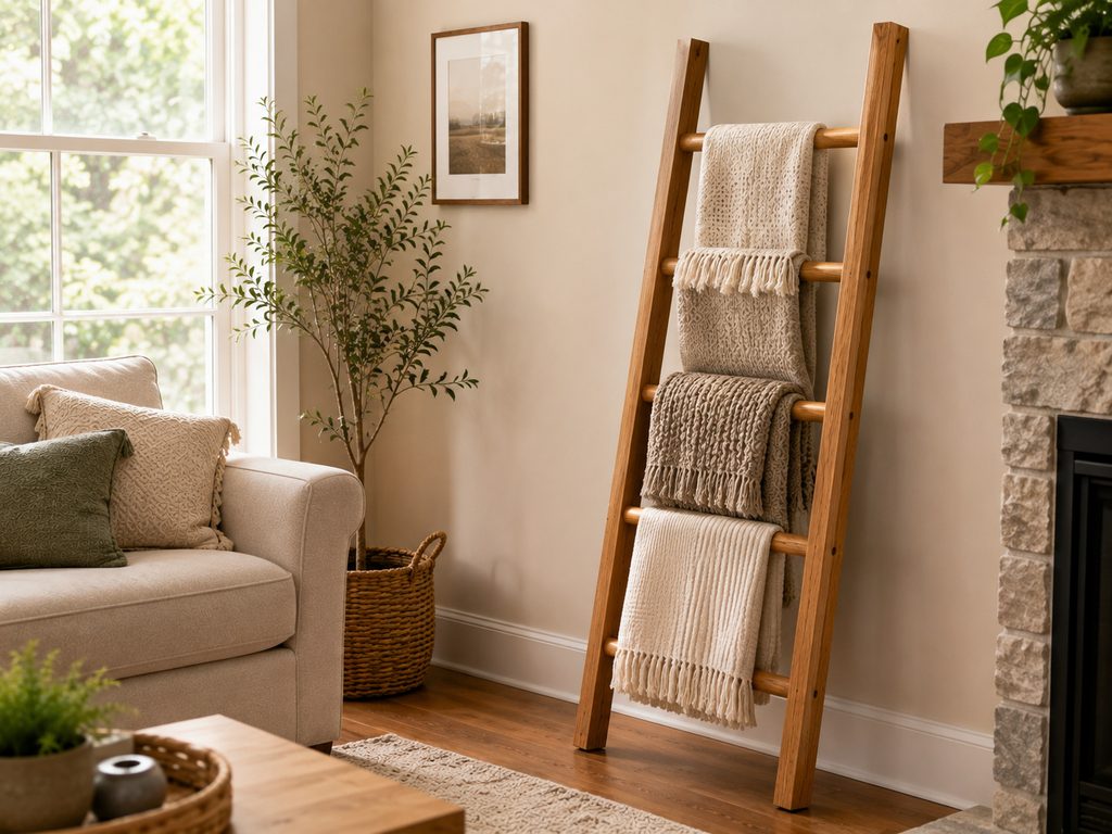 Handmade wooden blanket ladder with neutral blankets