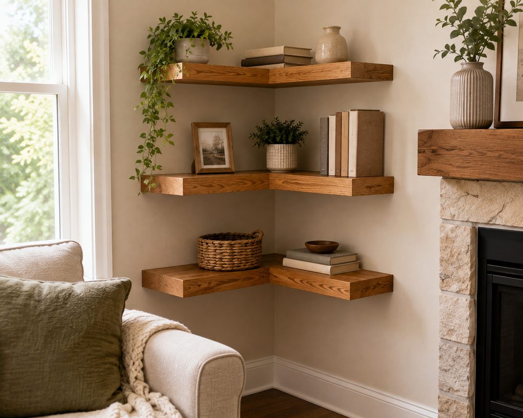 DIY wooden floating shelves installed in room corner