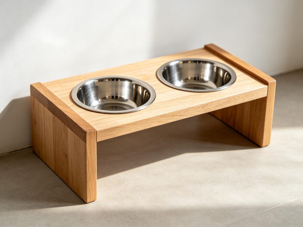 Handmade wooden pet bowl stand with two metal bowls