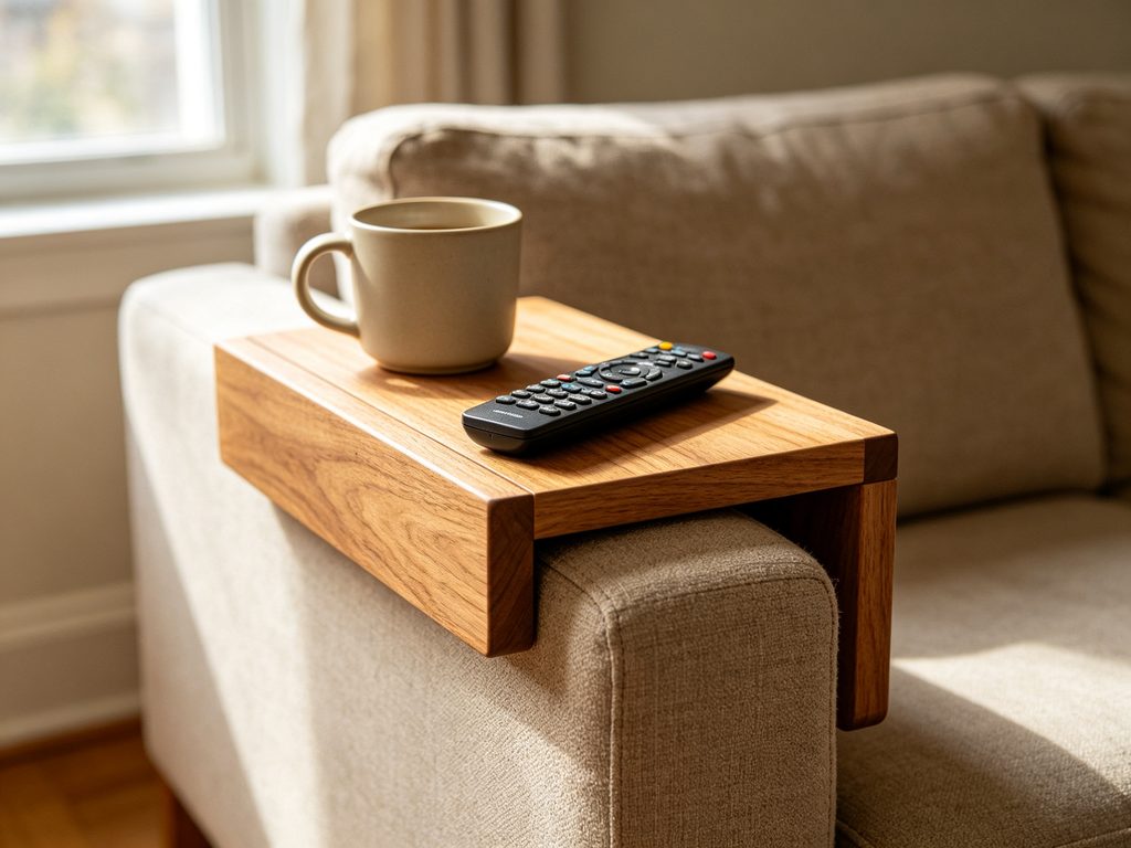 Handmade wooden sofa arm table with coffee mug