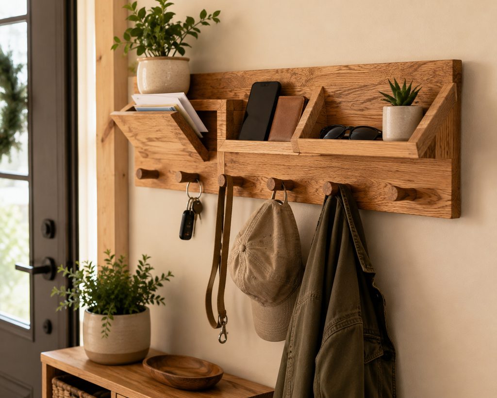 Handmade wooden wall organizer with hooks near entryway